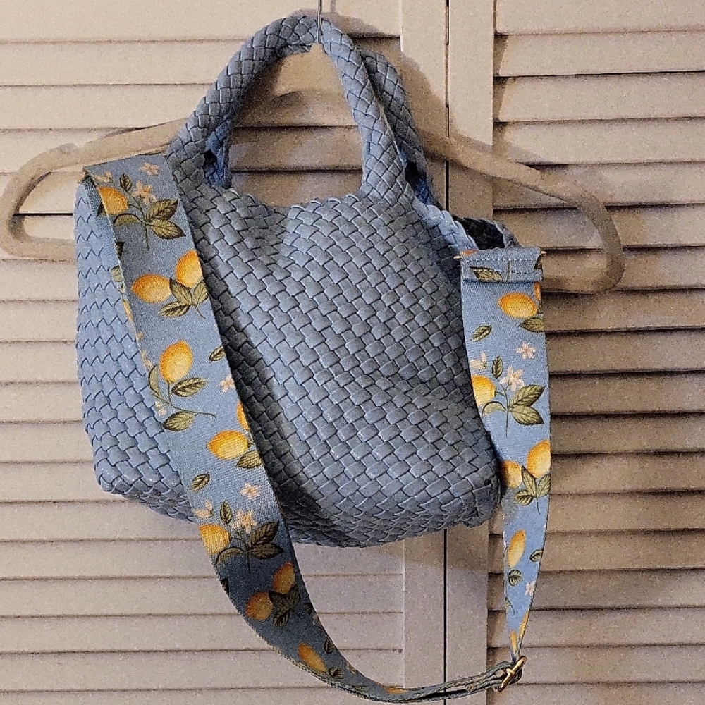 Blue Woven Handbag with Floral Strap